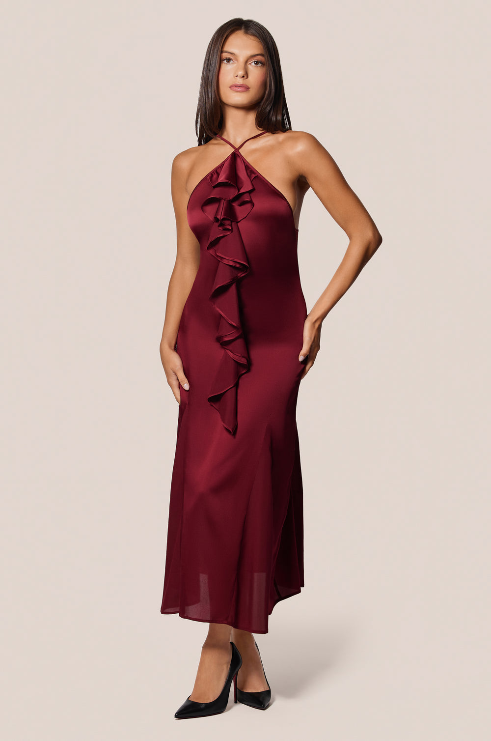 Red High Neck Halter Ruffle Front Silk Mini Dress Front