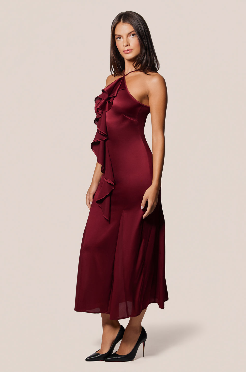 Red High Neck Halter Ruffle Front Silk Mini Dress Side