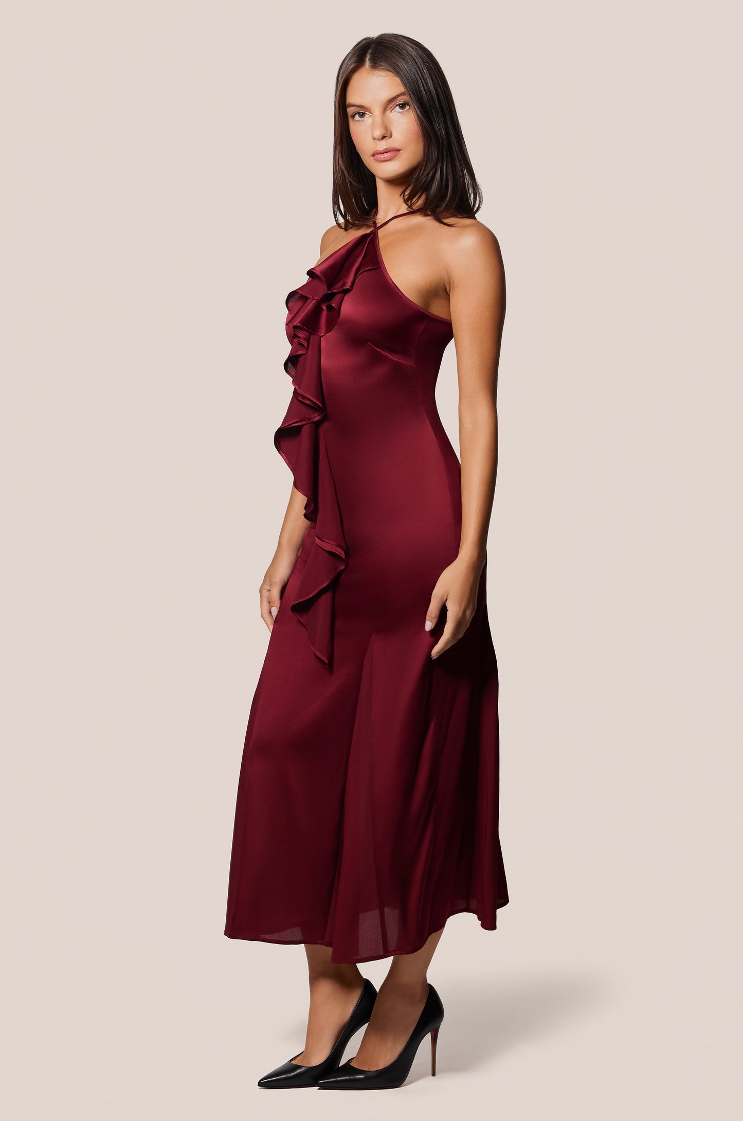 Red High Neck Halter Ruffle Front Silk Mini Dress Side