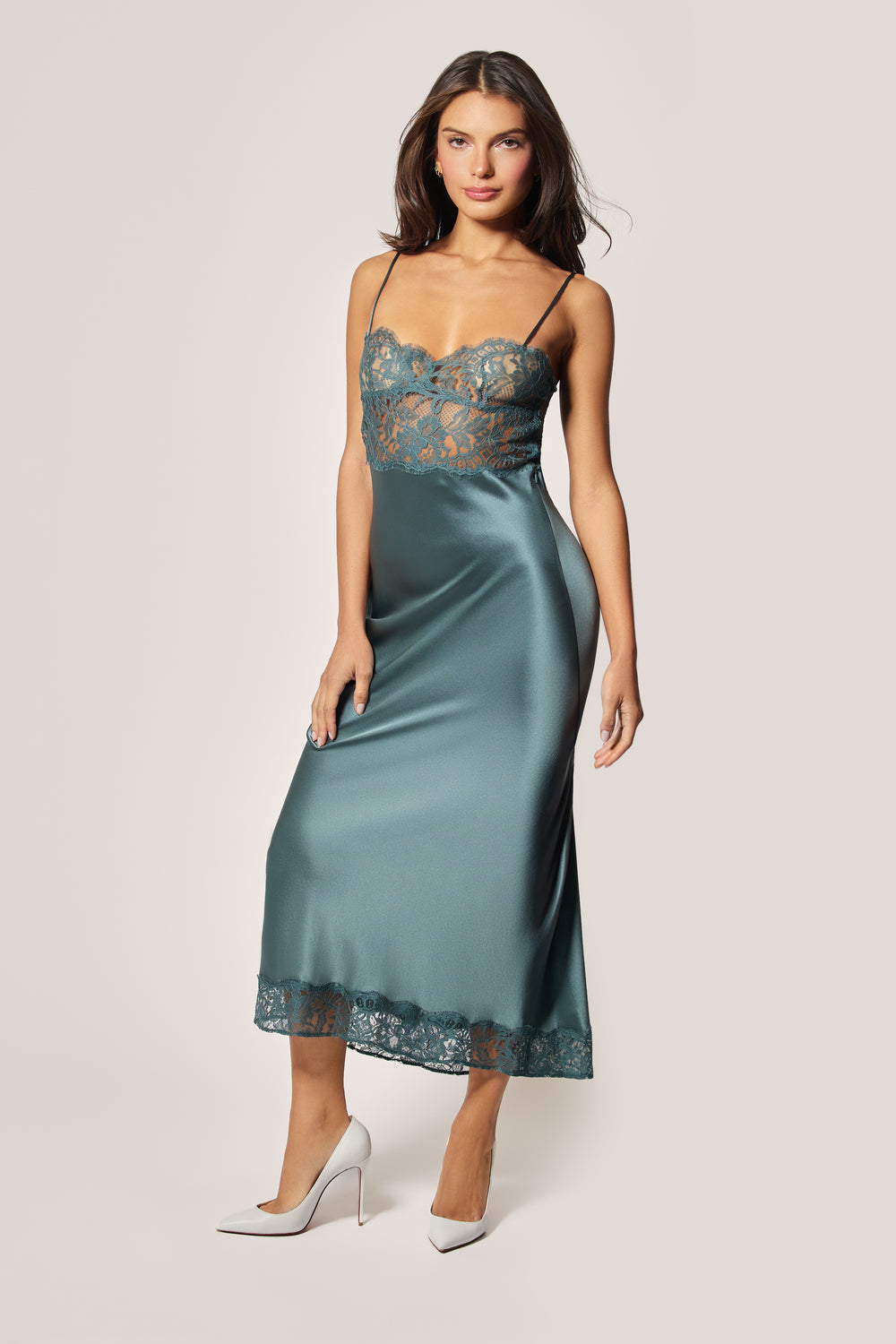 Tempete Storm Blue Gray Lace Unlined Top And Trim Silk Satin Body Midi Slip Dress, front view