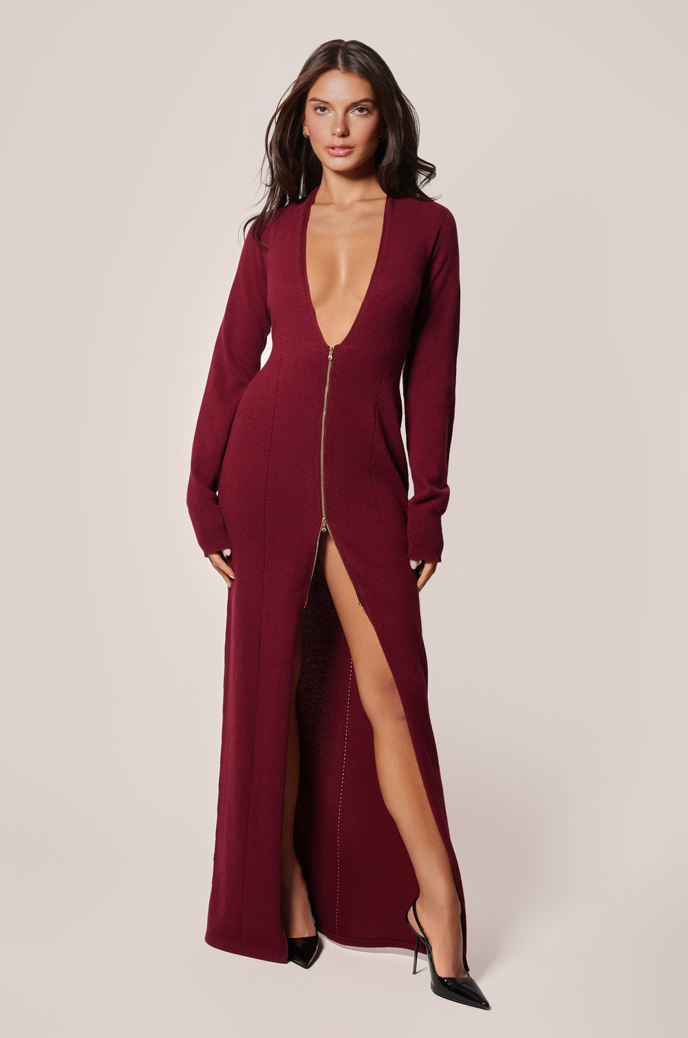 Red Cashmere Knit Long Sleeve Plunge Zipper Maxi Dress Front