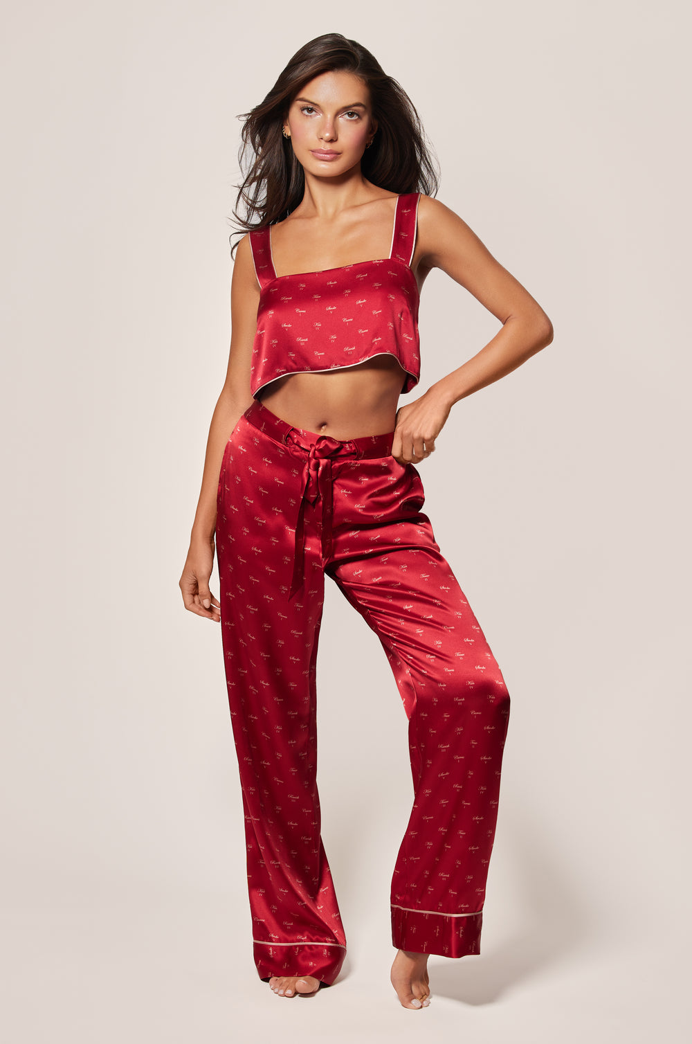 Red and Buff Light Pink  Silk Satin Kiss Motif Printed Bandeau Straps Top and Light Pink Silk Satin Kiss Motif Printed Tie Pajama Pant Front