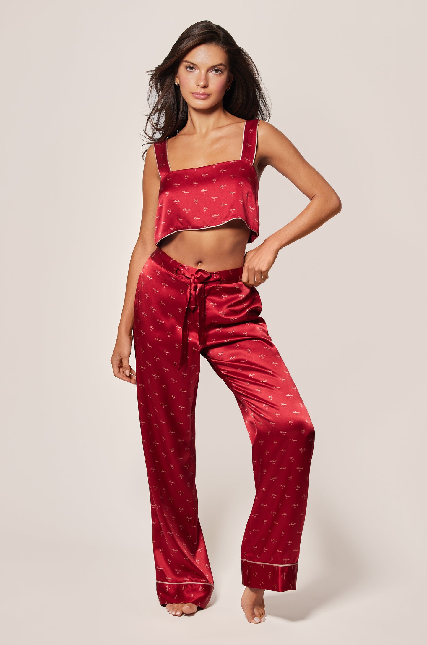 Red and Buff Light Pink  Silk Satin Kiss Motif Printed Bandeau Straps Top and Light Pink Silk Satin Kiss Motif Printed Tie Pajama Pant Front