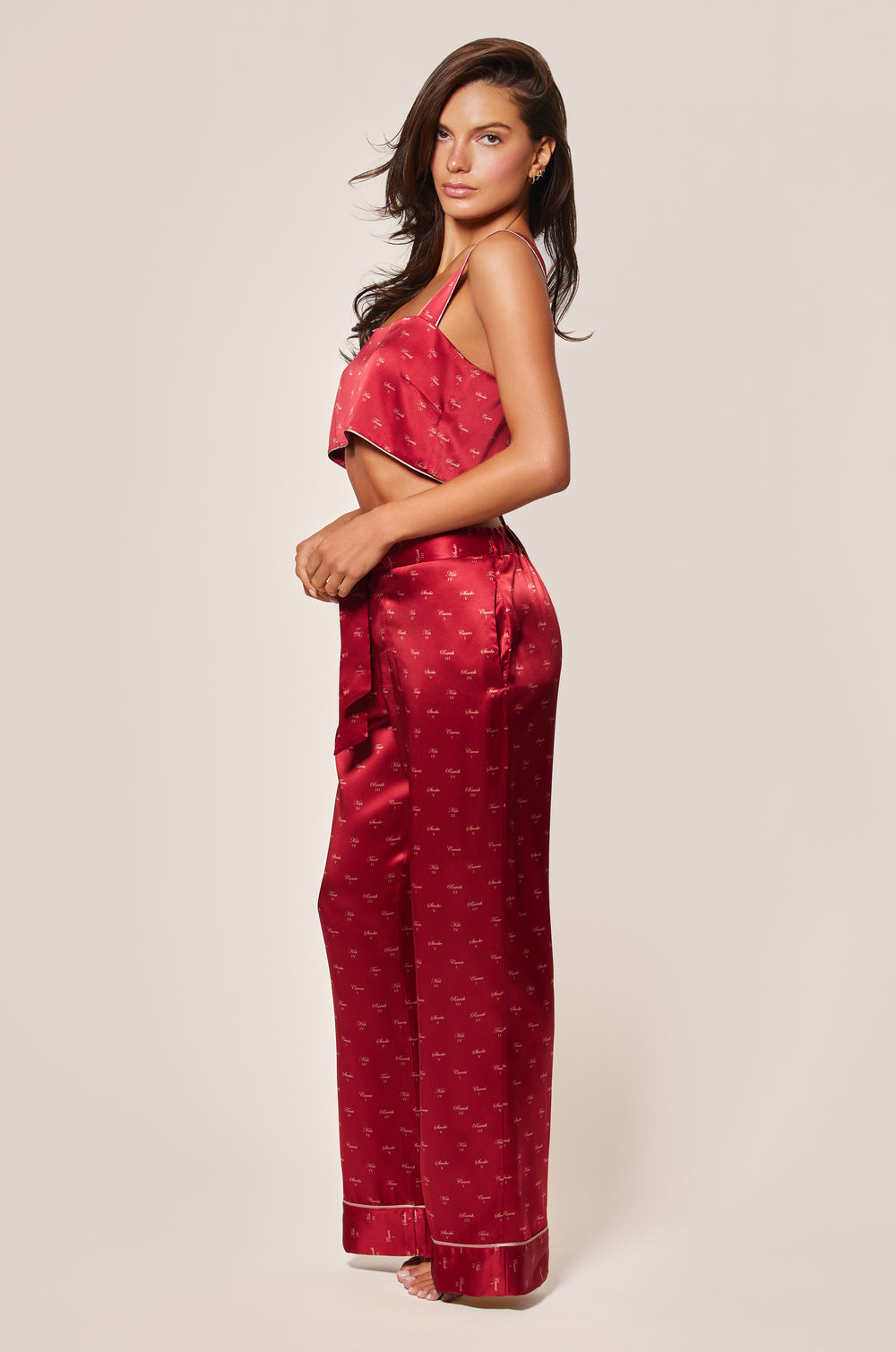 Red and Buff Light Pink  Silk Satin Kiss Motif Printed Bandeau Straps Top and Light Pink Silk Satin Kiss Motif Printed Tie Pajama Pant Side