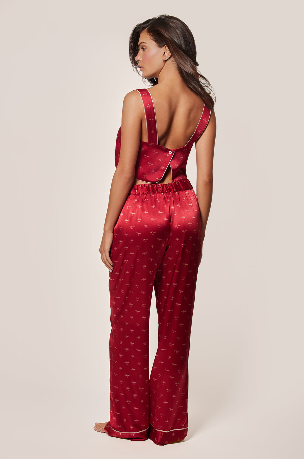 Red and Buff Light Pink  Silk Satin Kiss Motif Printed Bandeau Straps Top and Light Pink Silk Satin Kiss Motif Printed Tie Pajama Pant Back