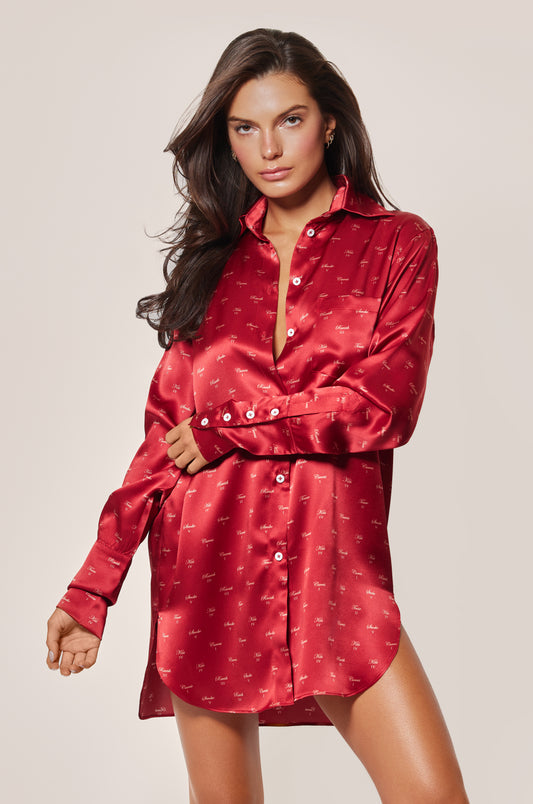 Red and Buff Light Pink Silk Satin Kiss Motif Printed Button Down Nightshirt Front