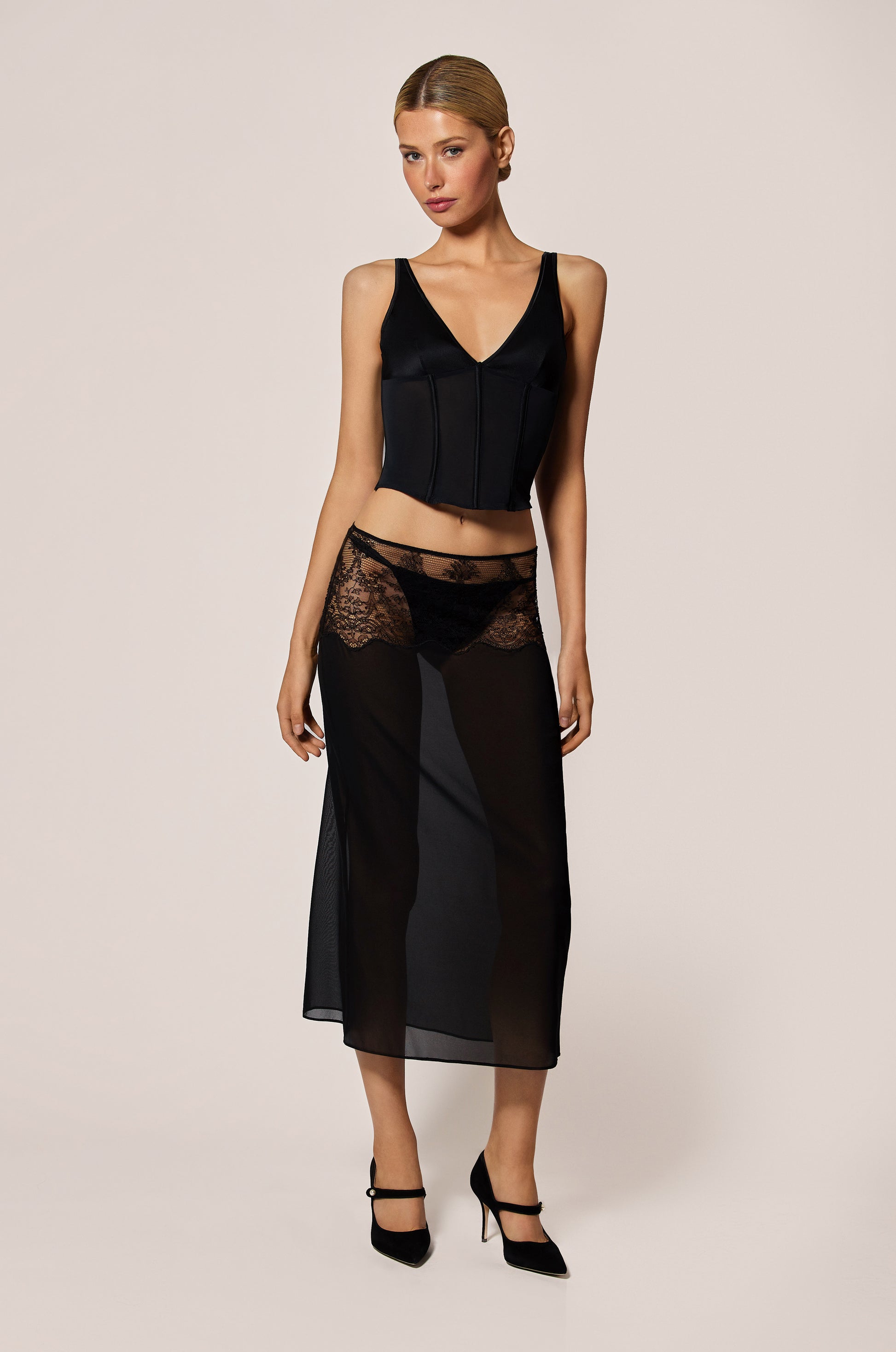 Black Delicate Floral Galloon Lace Top Transluscent Chiffon Bottom Skirt Front