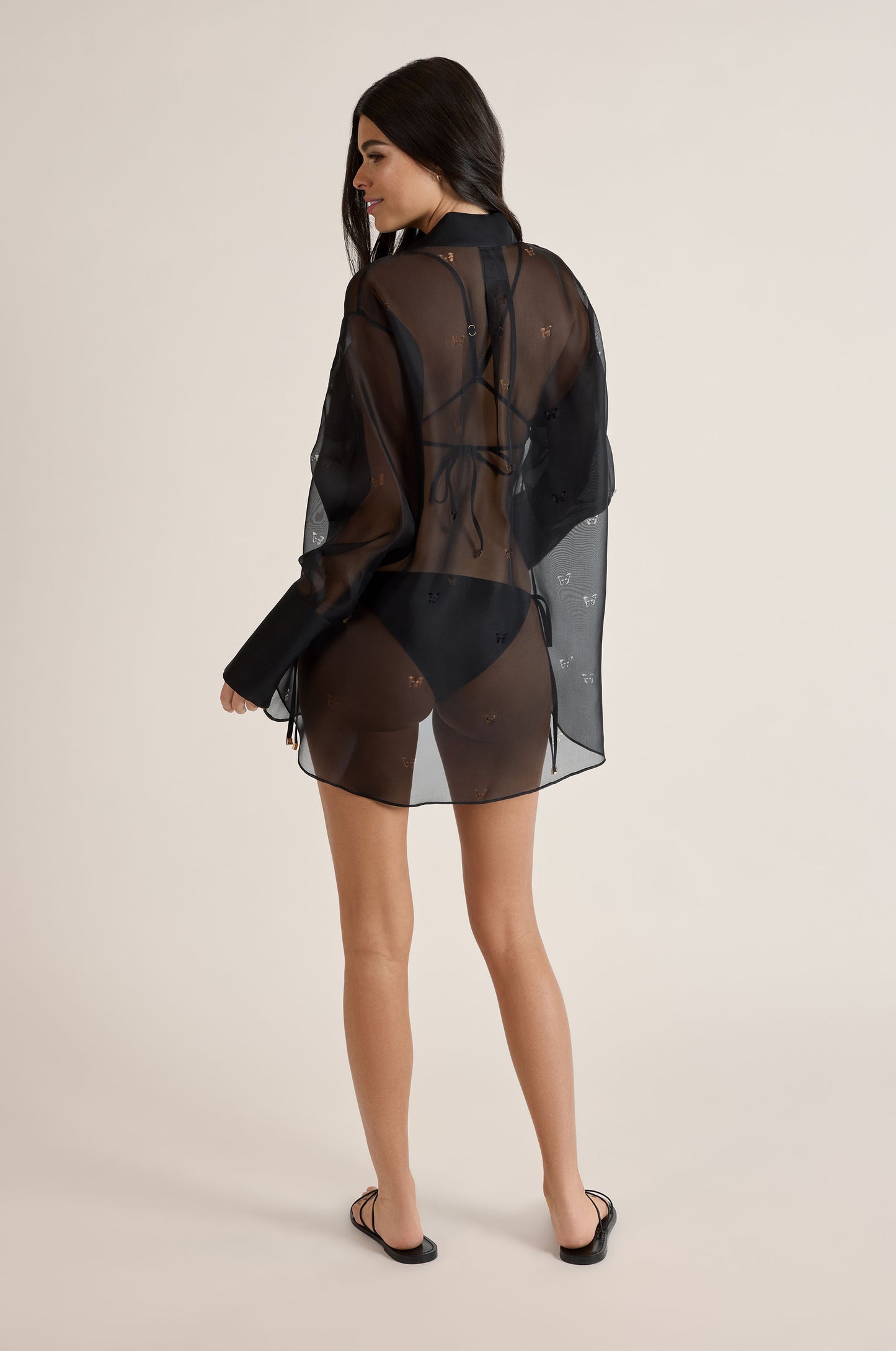 LASER CUT BUTTERFLY ORGANZA LONG SLEEVE SHIRT