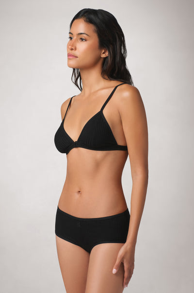 Kiki de Montparnasse Le Boy Soft Bra   and Hipster panties in black stretch rib knit from the side