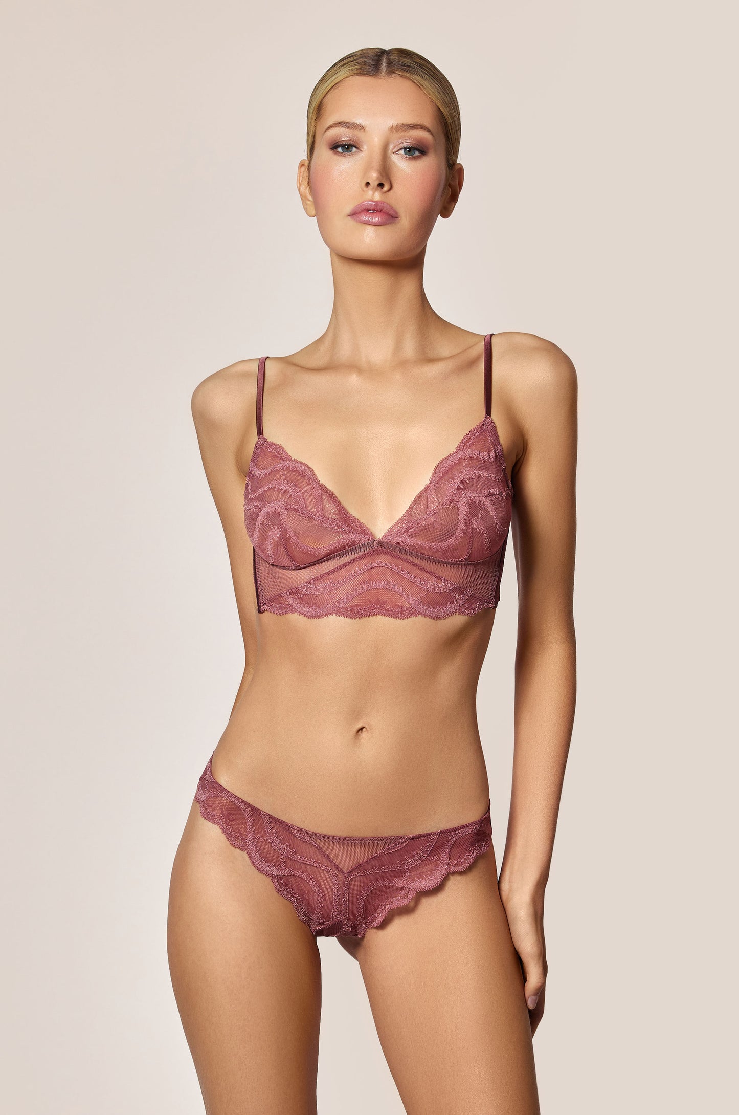 Rose Fauvee Light Salmon Pink Lace Unlined Longline Bra Bralette Front