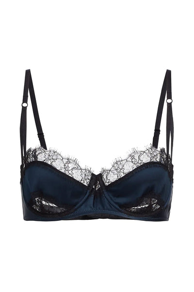 Silk navy balconette bra with black French lace trim front view flat lay