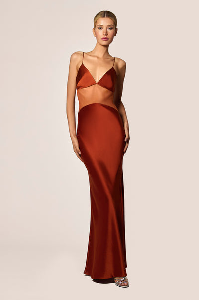 Amber Burnt Orange Sheer Middle Mesh Panel Silk Satin Skirt And Cups Maxi Slip Dress, front view