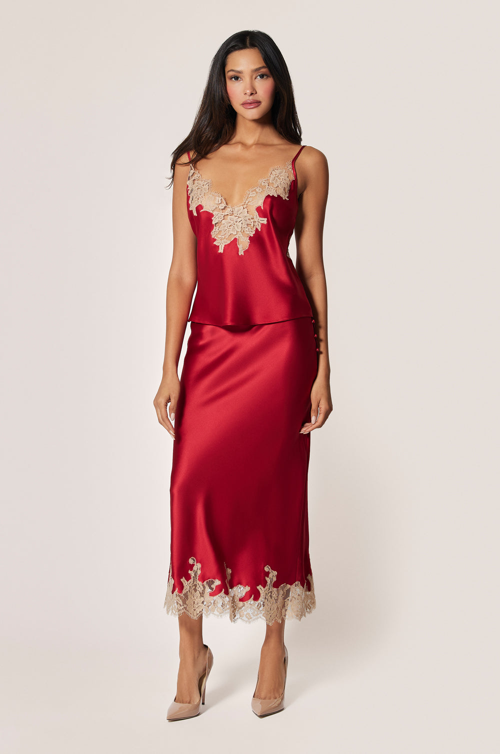 Red Satin Floral Lace Detail Cami Top and Red Satin Floral Lace Detail Elastic Waistband Slip Skirt Front