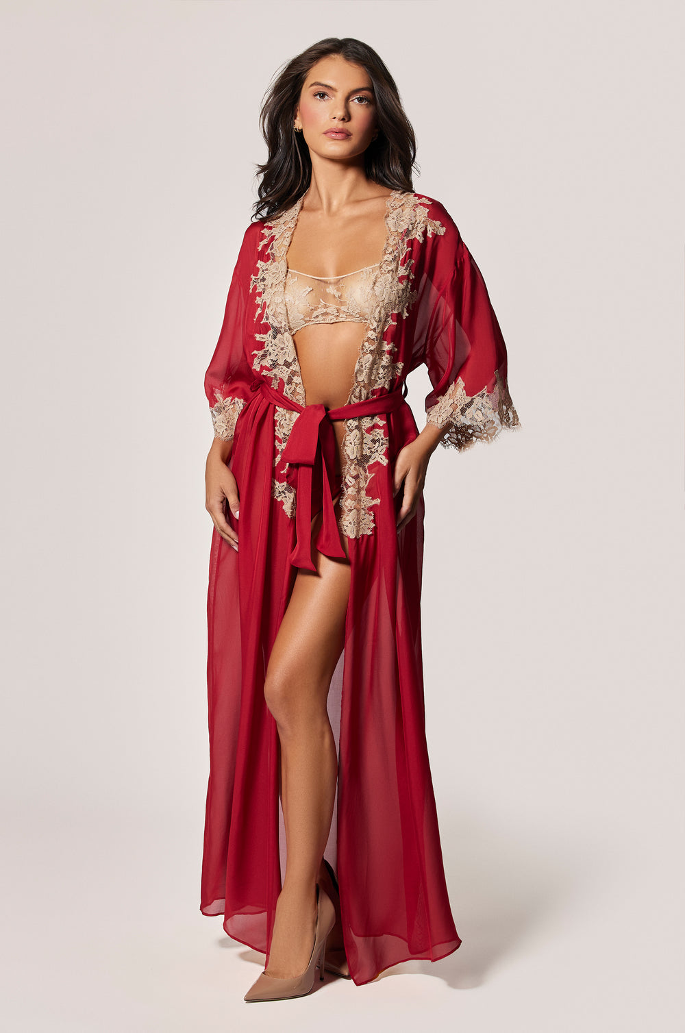 Red Satin Floral Lace Detail Long Tie Front Robe  Front