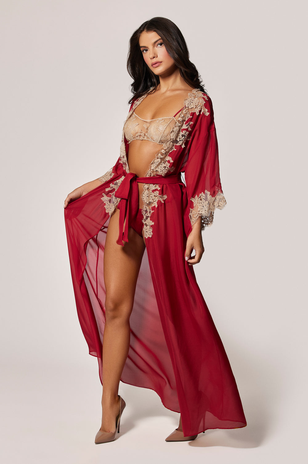 Red Satin Floral Lace Detail Long Tie Front Robe Side