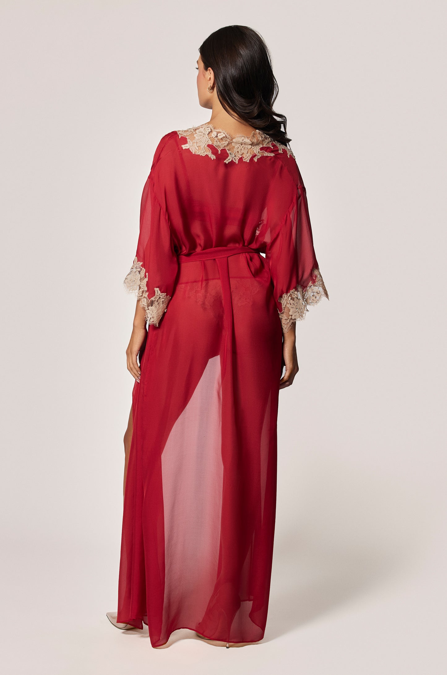 Red Satin Floral Lace Detail Long Tie Front Robe  Back