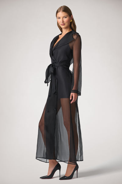 Kiki de Montparnasse Soie Organza Trench Coat in sheer 100% silk organza with a fluid translucent silhouette and waist-defining belt, shown from the side.
