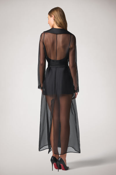Kiki de Montparnasse Soie Organza Trench Coat in sheer 100% silk organza, featuring a fluid translucent silhouette and classic trench detailing, shown from the back.