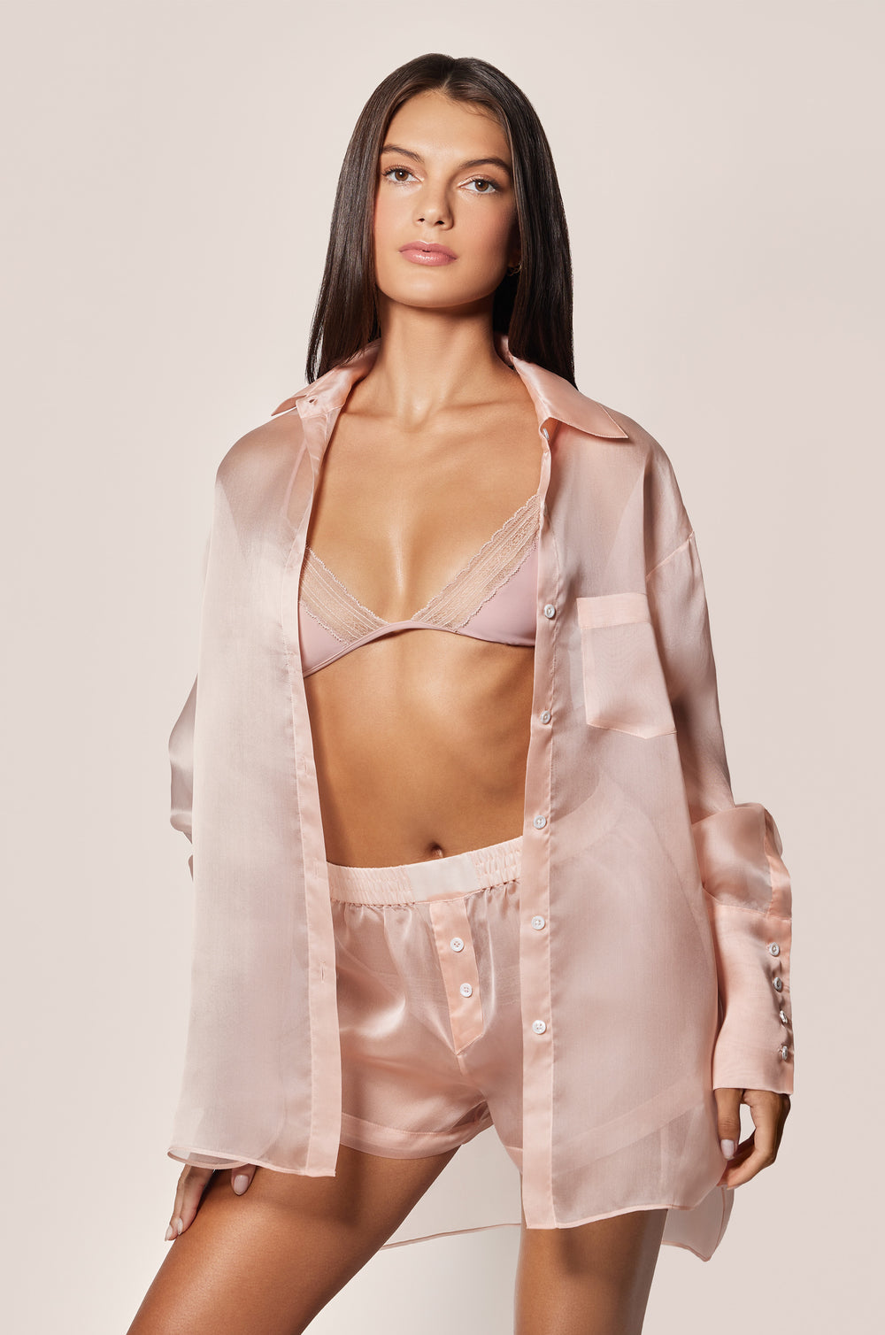 Buff Light Pink Organza Button Down Oversized Collared Shirt  Front