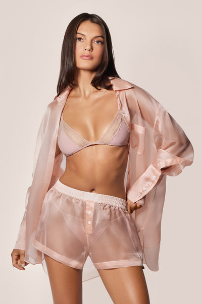 Buff Light Pink Organza Button Down Oversized Collared Shirt   Front