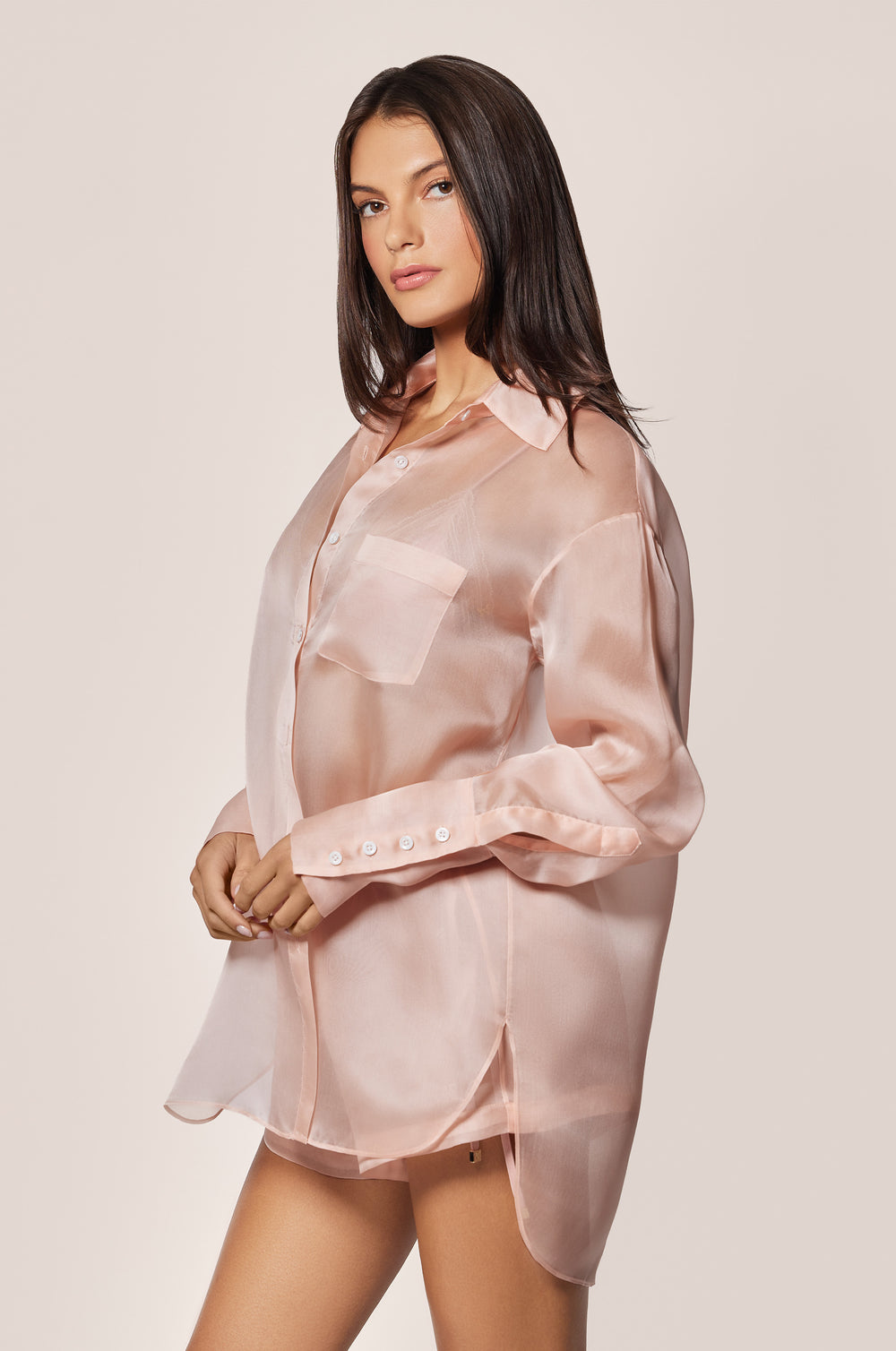Buff Light Pink Organza Button Down Oversized Collared Shirt   Side