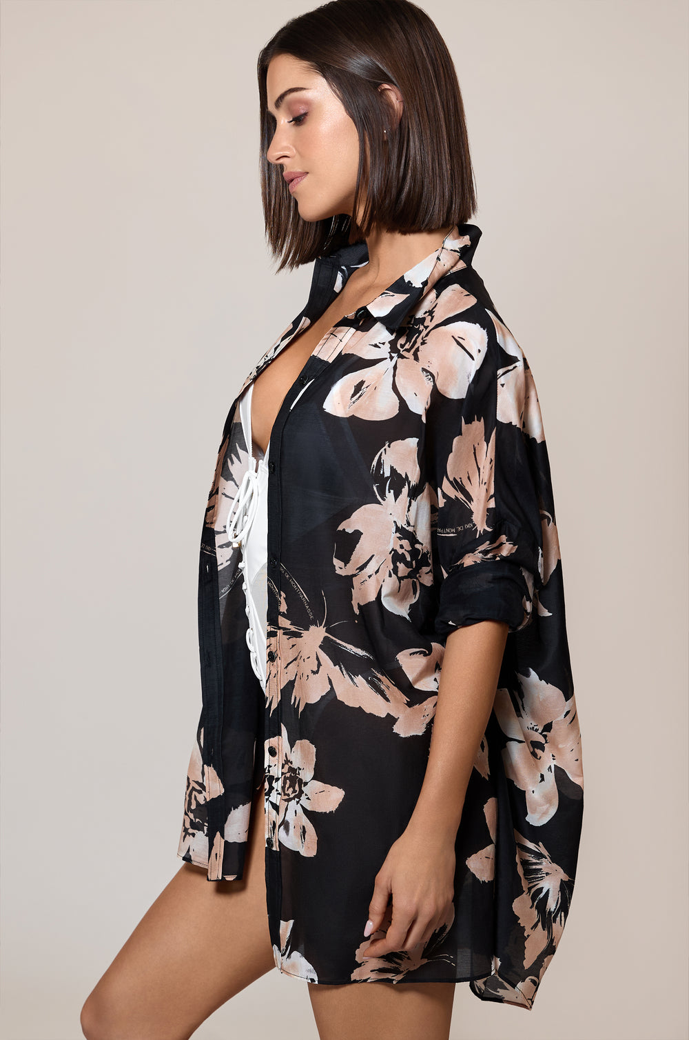 Black Blush Ivory Floral Oversized Button Up Shirt Cover Up  Side