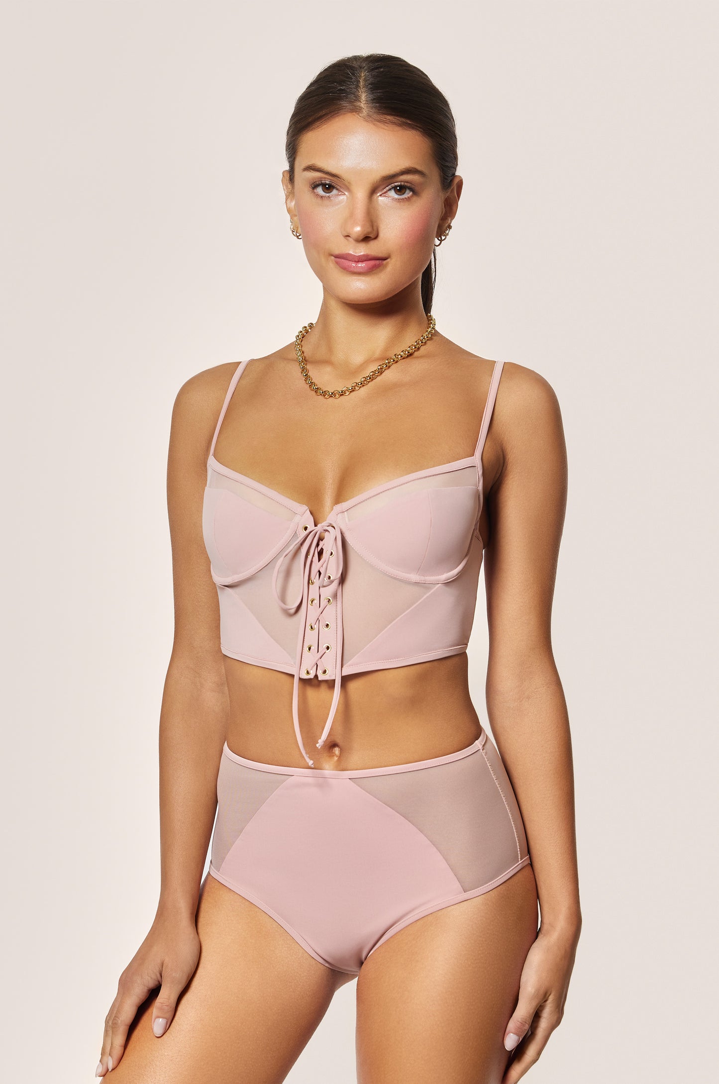 Buff Light Pink High Waist Mesh Panel Longline Swim Bikini Bottom Front