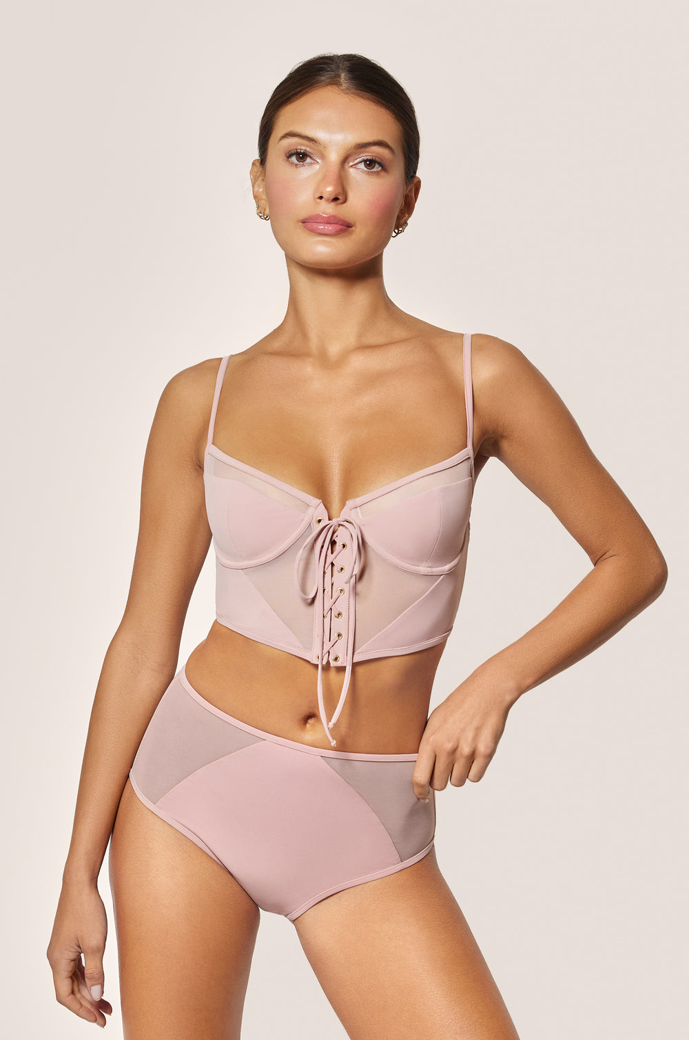 Buff Light Pink High Waist Mesh Panel Longline Swim Bikini Bottom Front