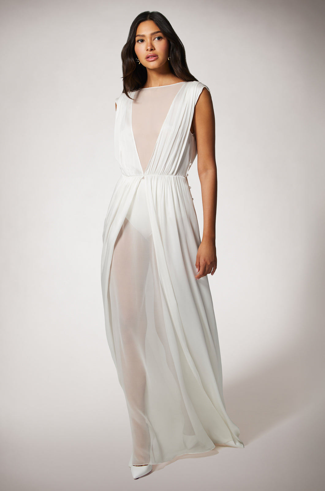 PLISSEE LAYERED CHIFFON GOWN