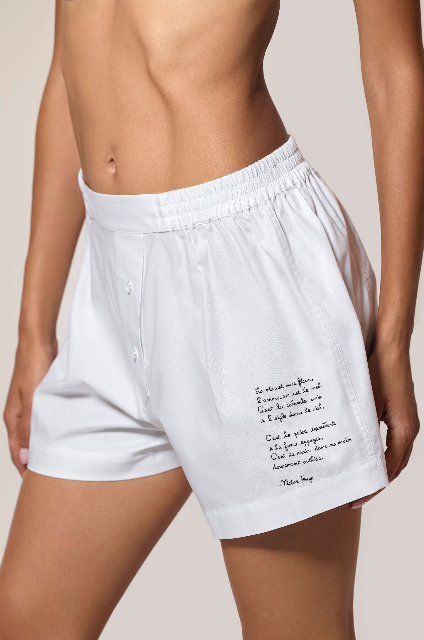 White Boxer Short Button Detail Stretch Waistband Detail