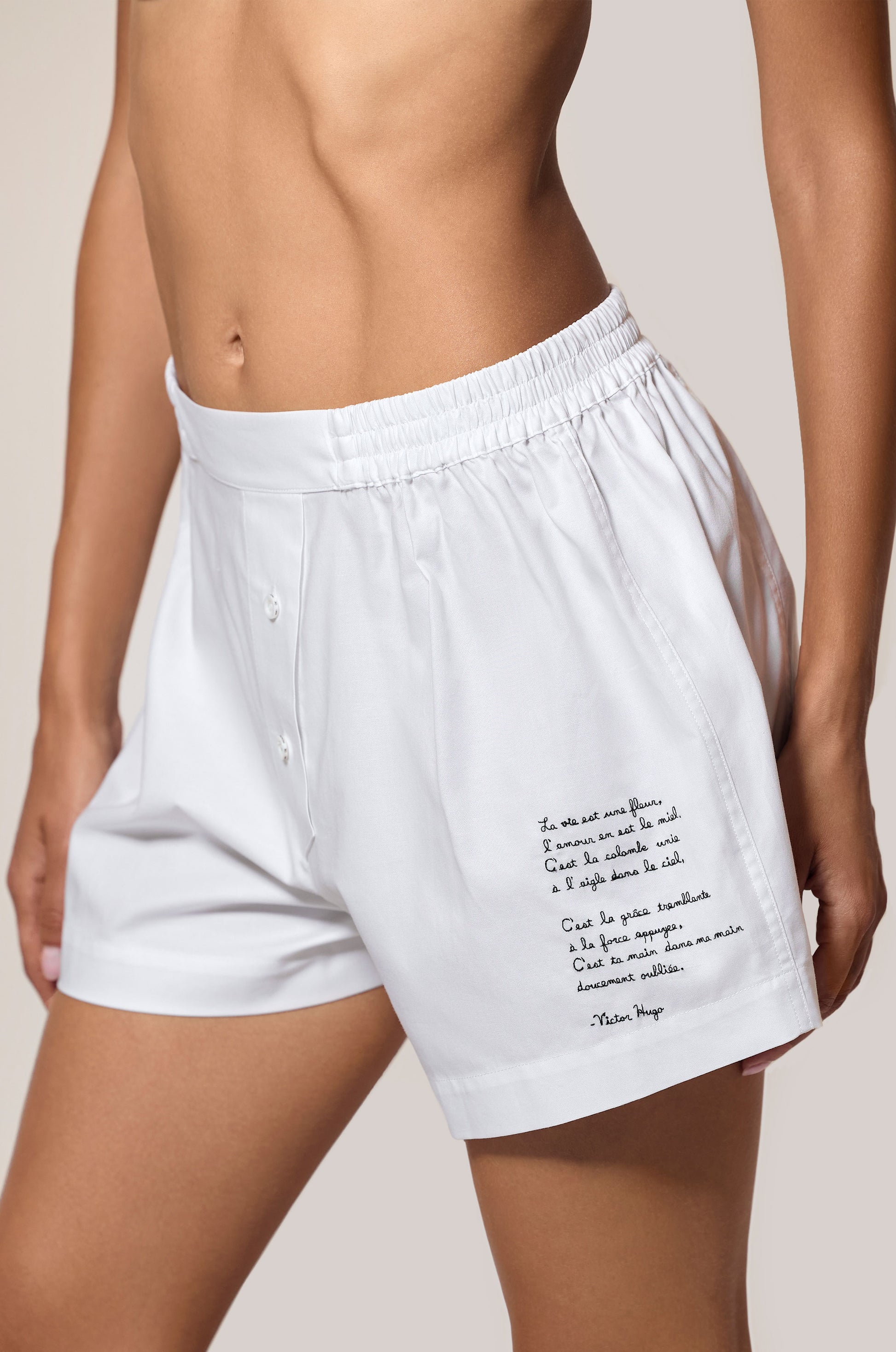 White Boxer Short Button Detail Stretch Waistband Detail