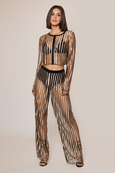 Sable Light Brown Gold Black Striped Sheer Hook and Eye Cropped Cardigan Front