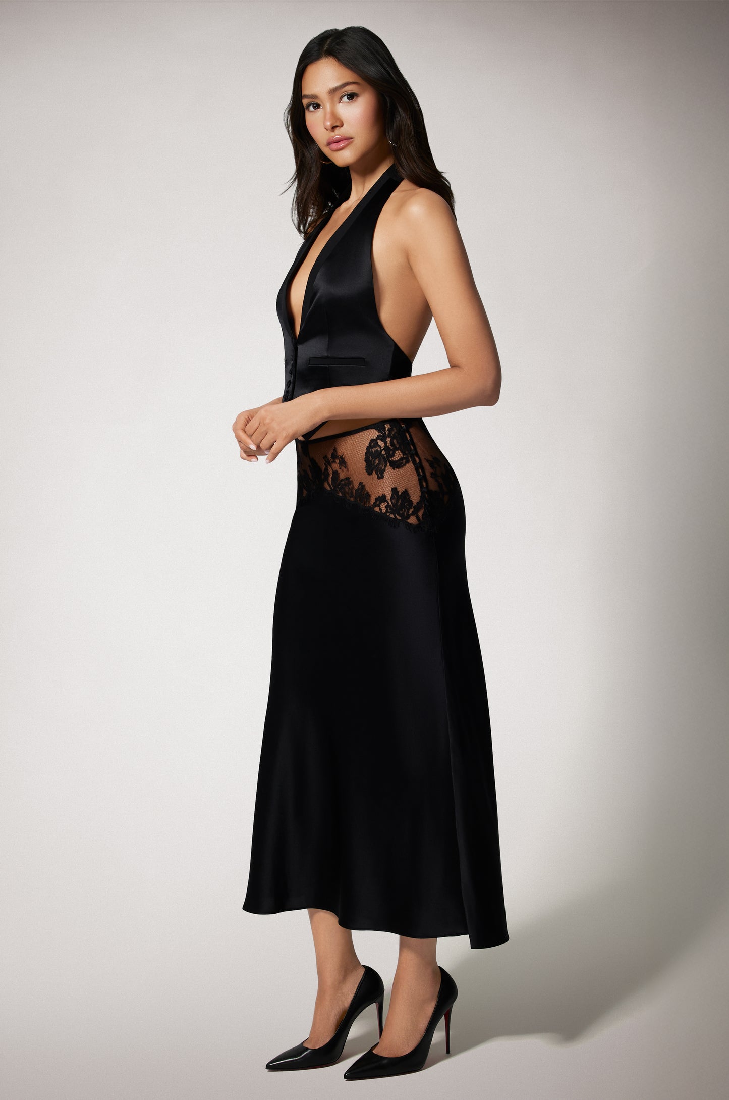 Black Silk Lace Inset Embroidered 
Regular Fit Midi Skirt Side