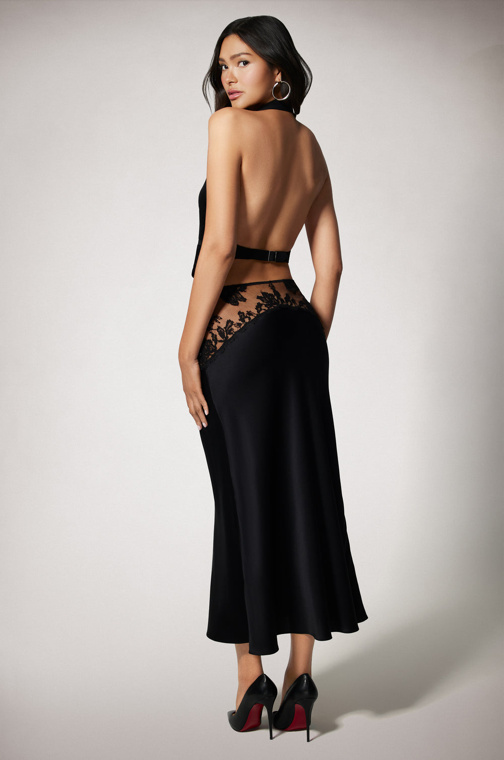 Black Silk Lace Inset Embroidered 
Regular Fit Midi Skirt Back