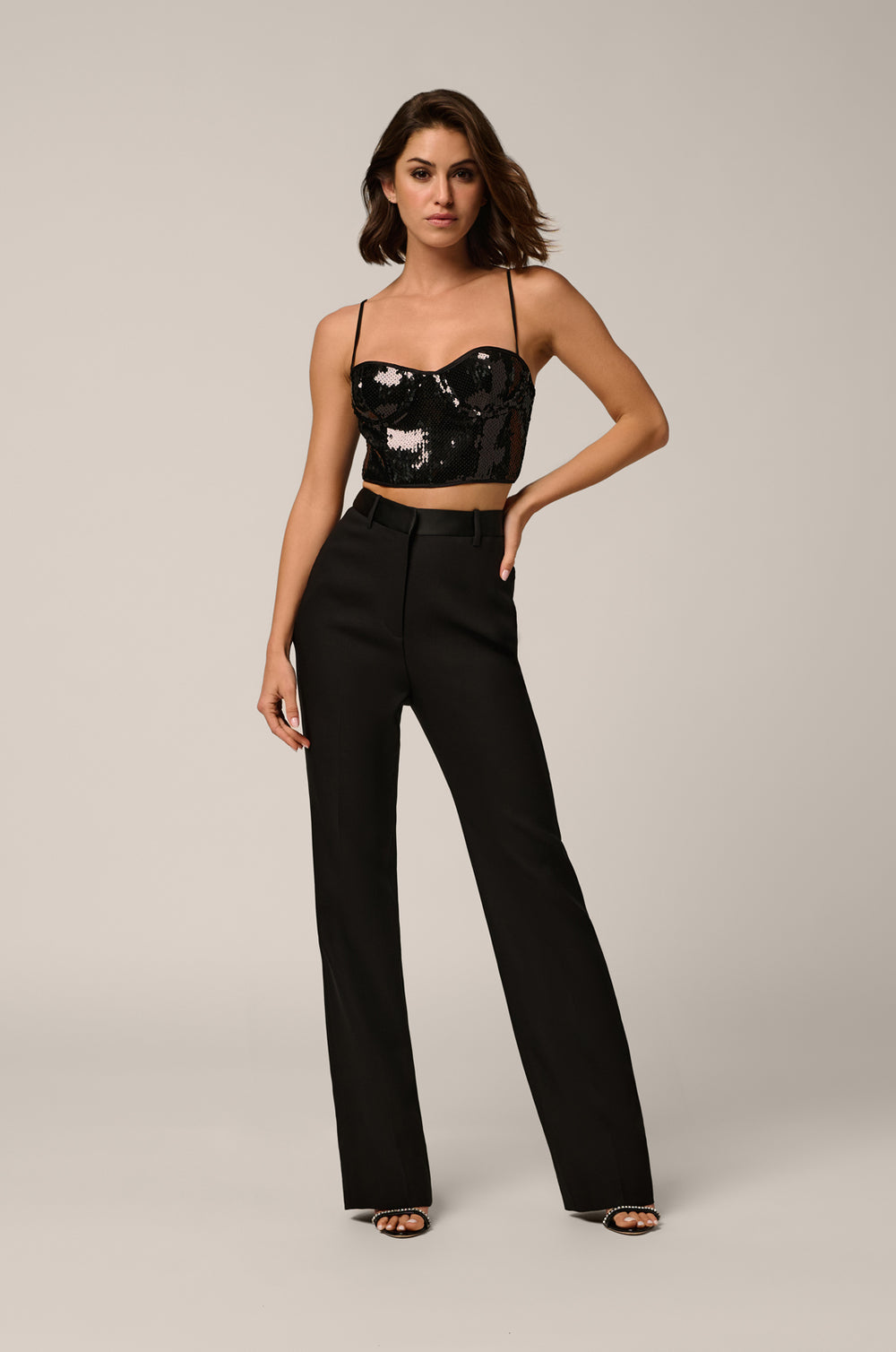 Mid-rise tailored tuxedo slim fit pants front view