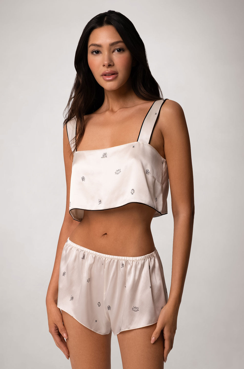 White Silk All Over Black Print Wide Strap Loose Fit Bandeau Top 