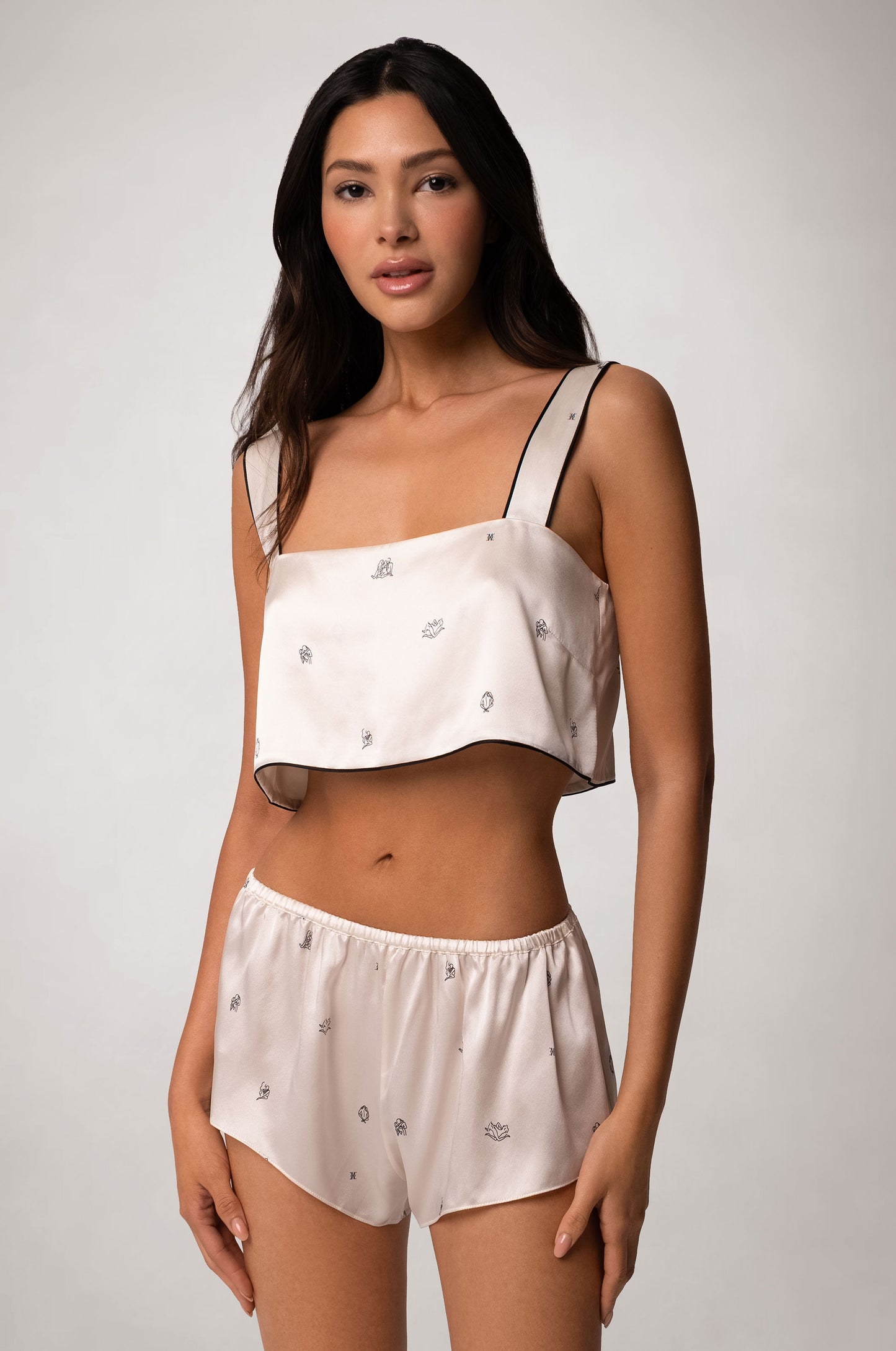 White Silk All Over Black Print Wide Strap Loose Fit Bandeau Top 