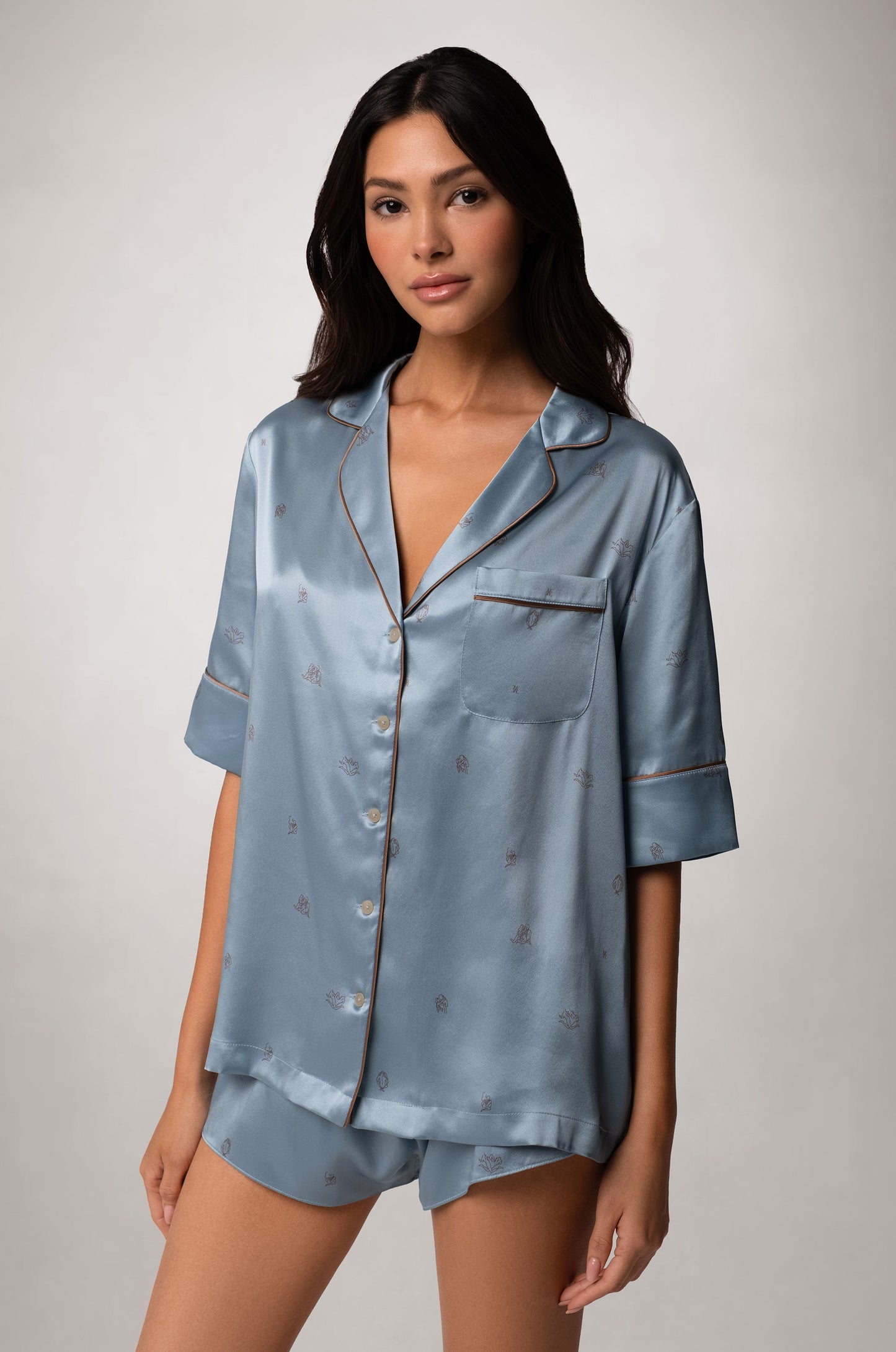 Light Blue Silk All Over Tonal Print Breast Pocket Short Sleeve Button Up PJ Top and Short