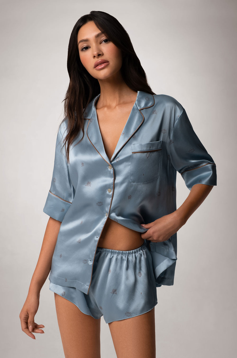 Light Blue Silk All Over Brown Print Breast Pocket Elbow Sleeve Button Up PJ Top and Short