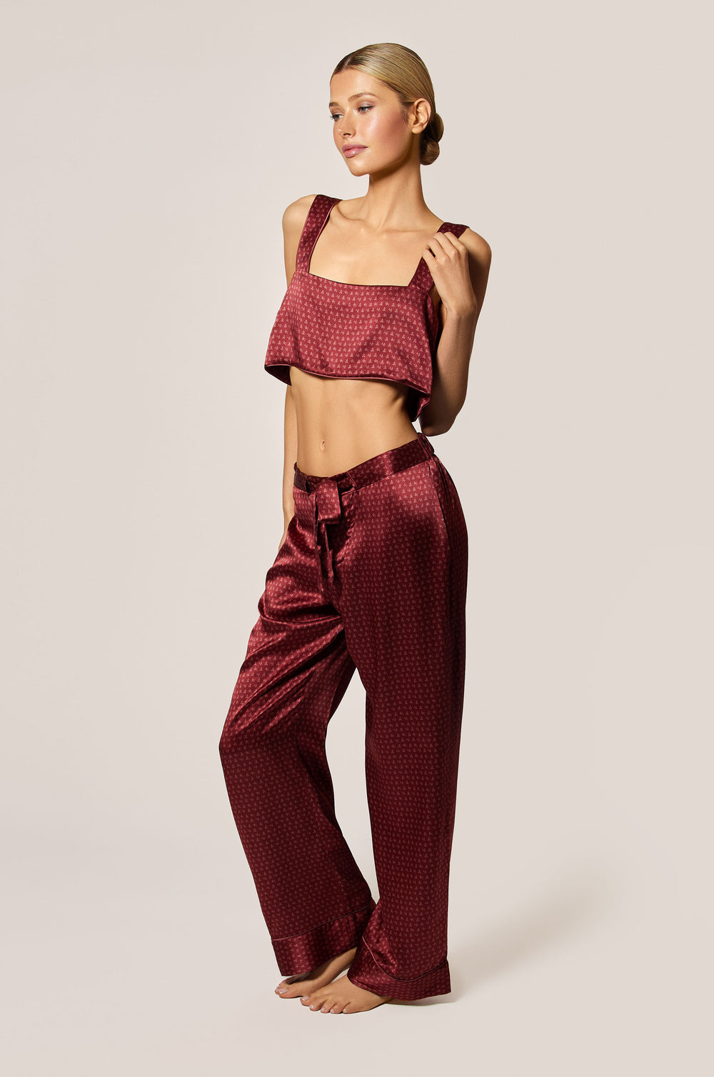 Brick Dust Red and Rose Fauvee Salmon Pink Silk Satin Motif Printed Bandeau Straps Top Side Front