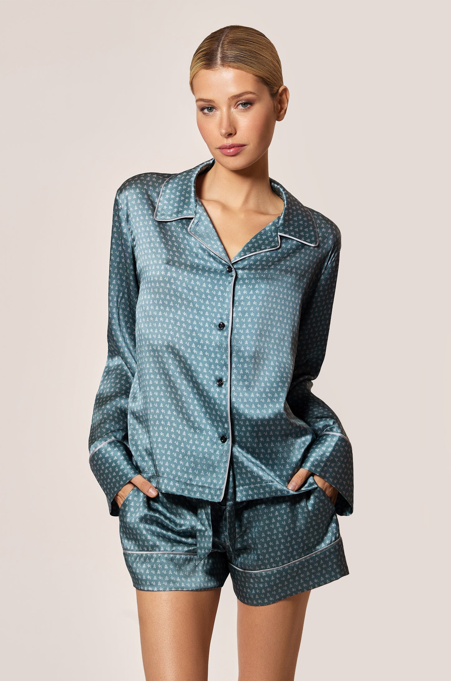 Tempete Storm Blue Gray and Silver Sterling Silk Satin Motif Printed Long Sleeve Pajama Top Front