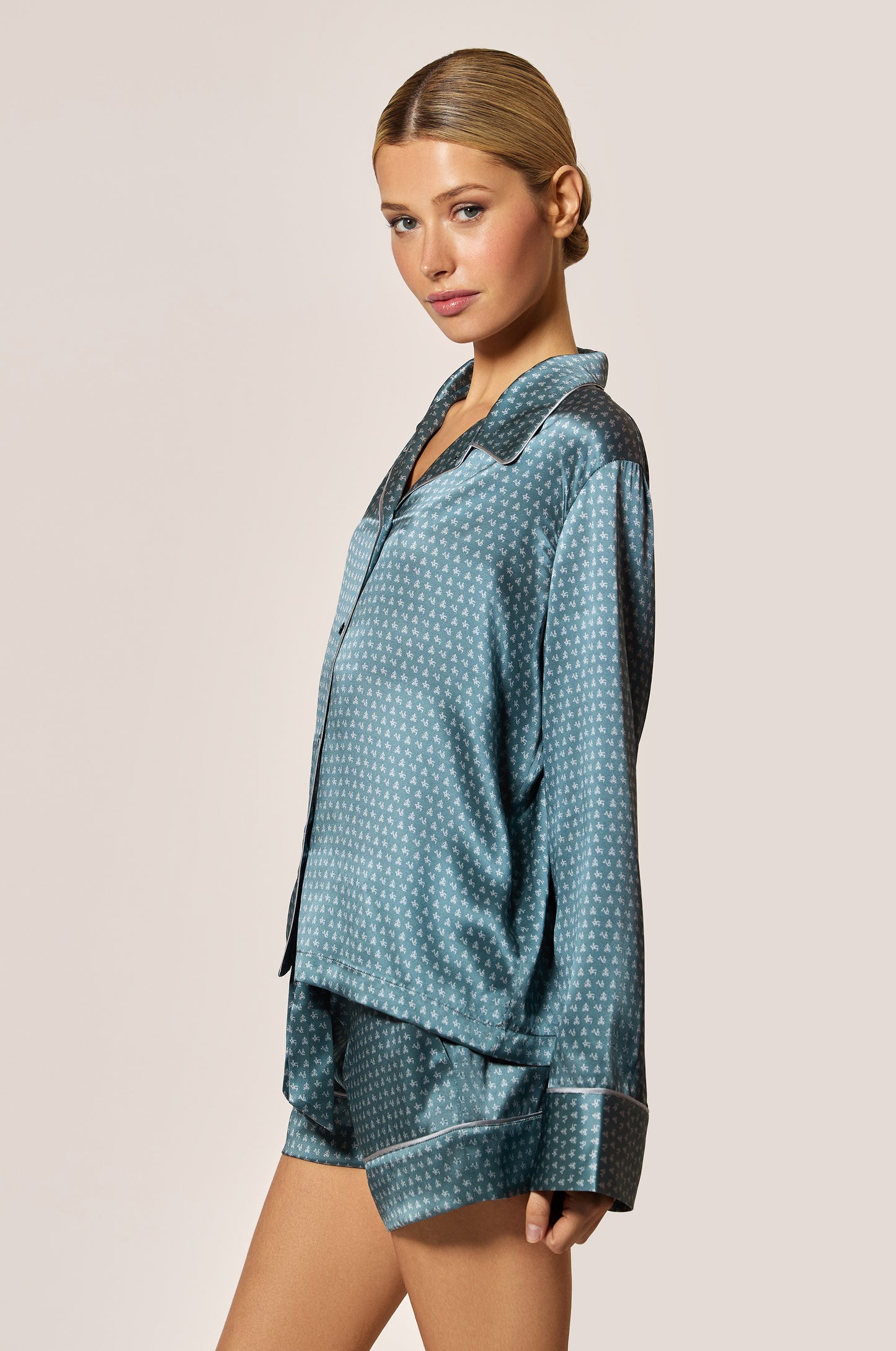 Tempete Storm Blue Gray and Silver Sterling Silk Satin Motif Printed Long Sleeve Pajama Top Side