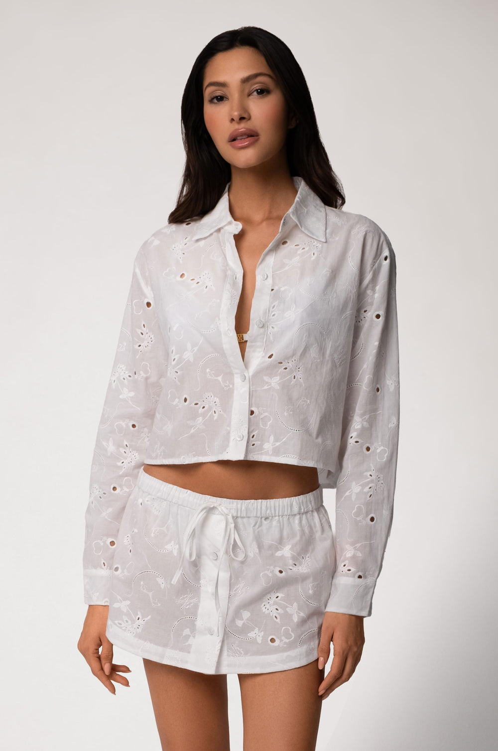 White Button Up Eyelet Cropped Cover Up Long Sleeve Shirt 