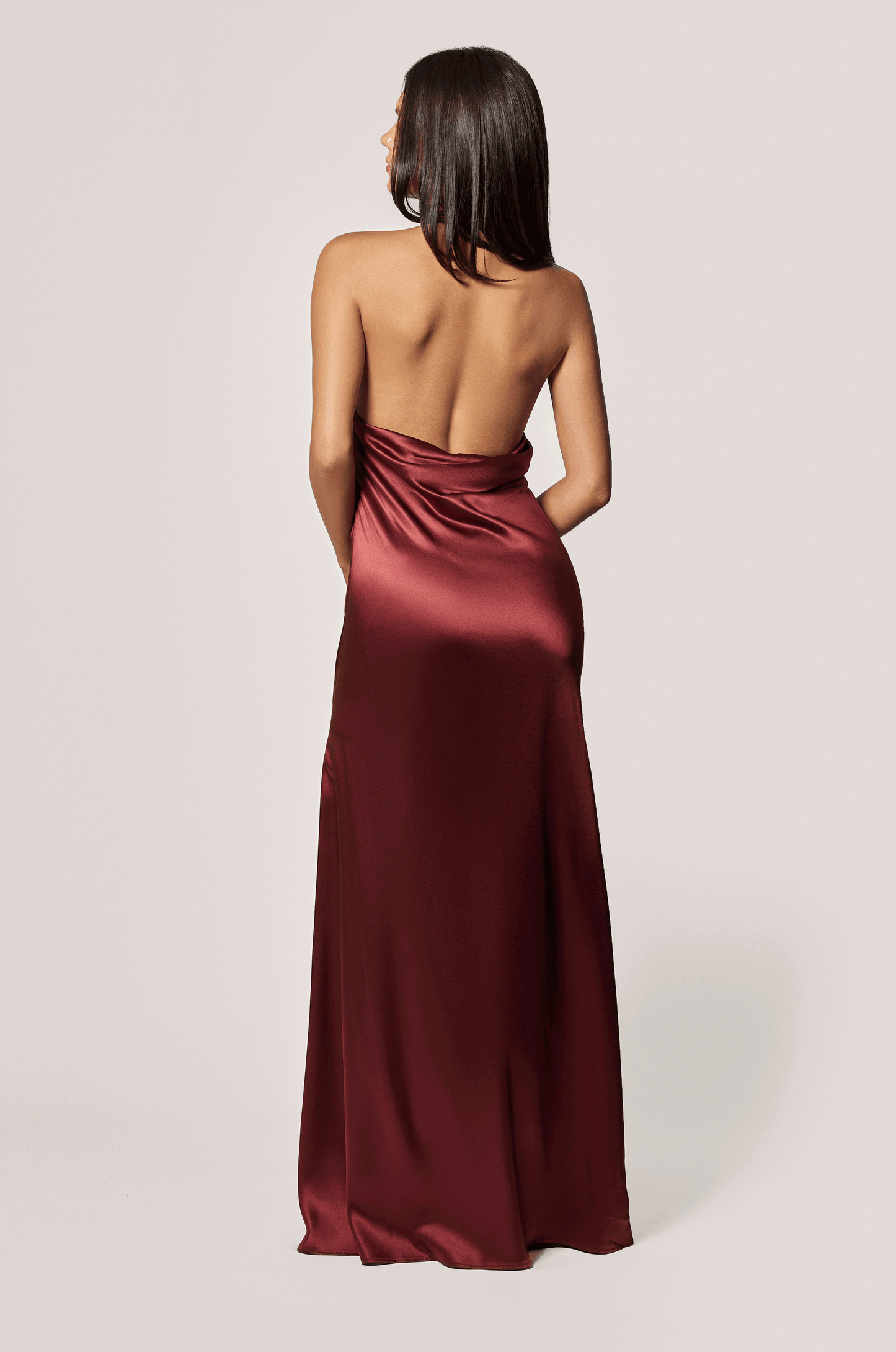 Brick Dust Red Asymmetrical Silk Satin Neck Tie Halter Backless Evening Dress Gown, back
