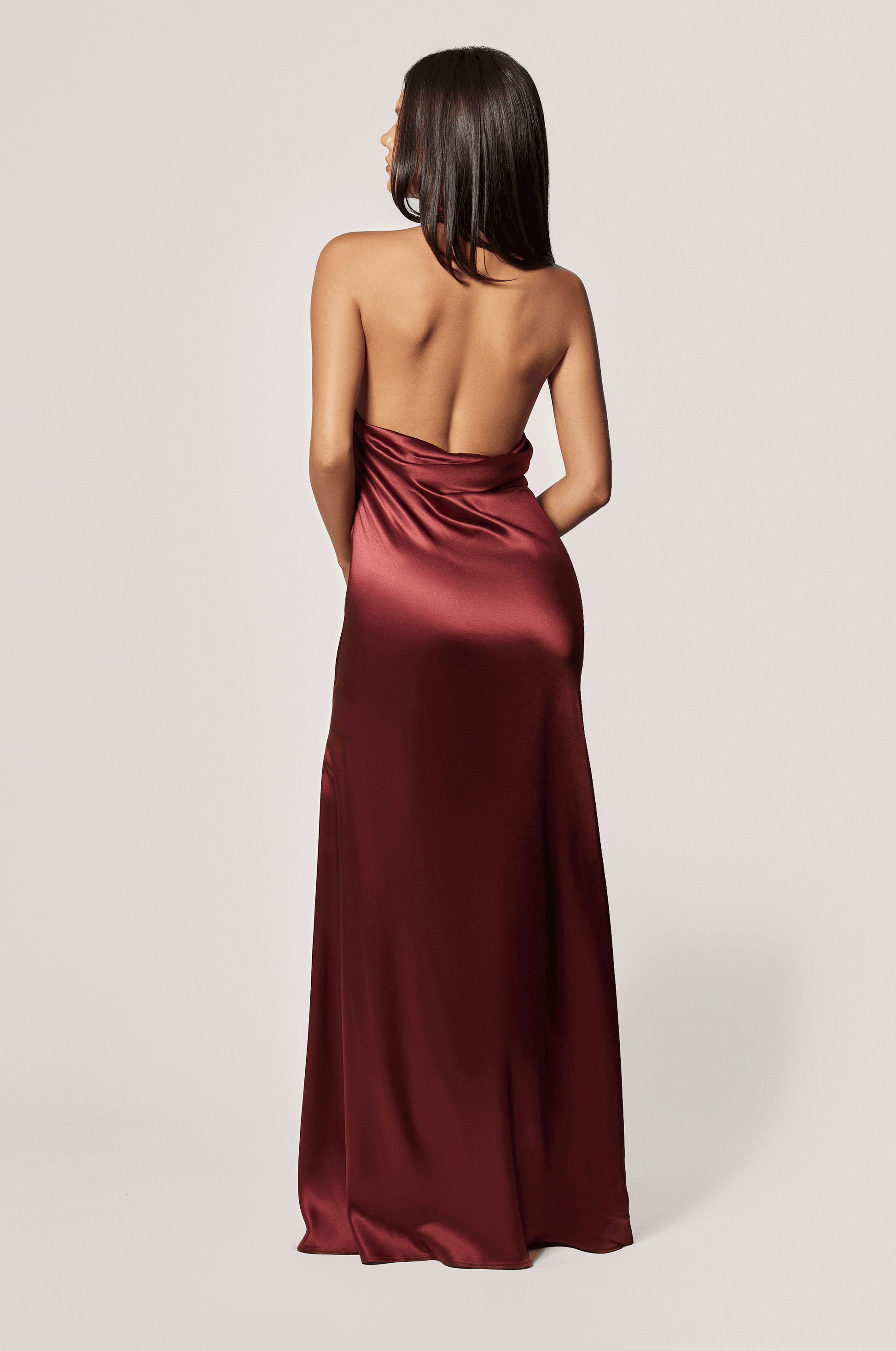 Brick Dust Red Asymmetrical Silk Satin Neck Tie Halter Backless Evening Dress Gown, back
