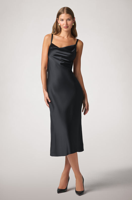Kiki de Montparnasse fluid silk charmeuse dress with a sleek, feminine silhouette, softly draped neckline, and delicate straps, shown from the front.