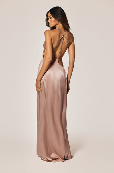 Buff Light Pink Silk Satin T-Back Evening Dress Gown Back