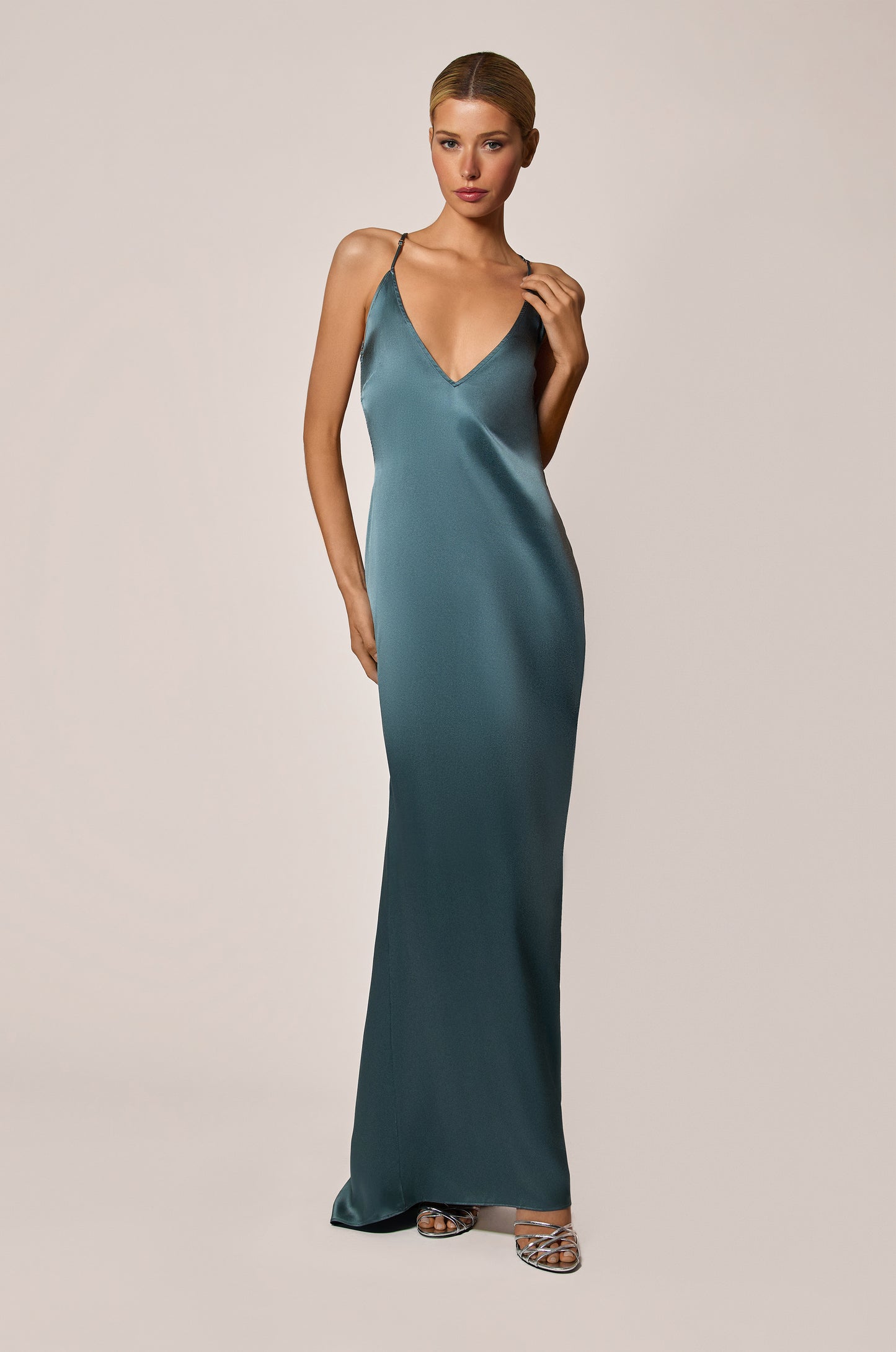 Tempete Storm Blue Gray Satin T-Back Evening Dress Gown Front