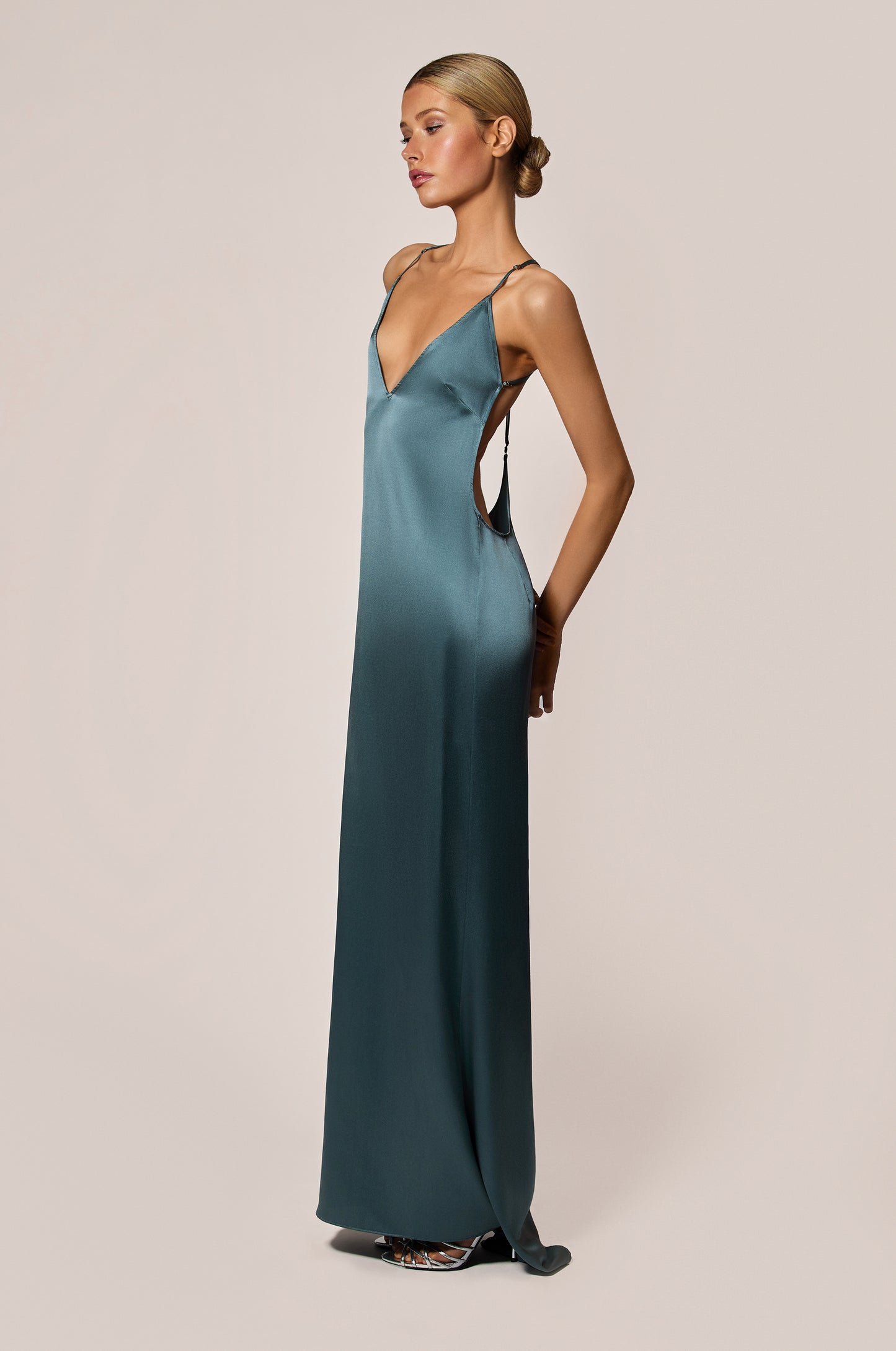 Tempete Storm Blue Gray Satin T-Back Evening Dress Gown Side