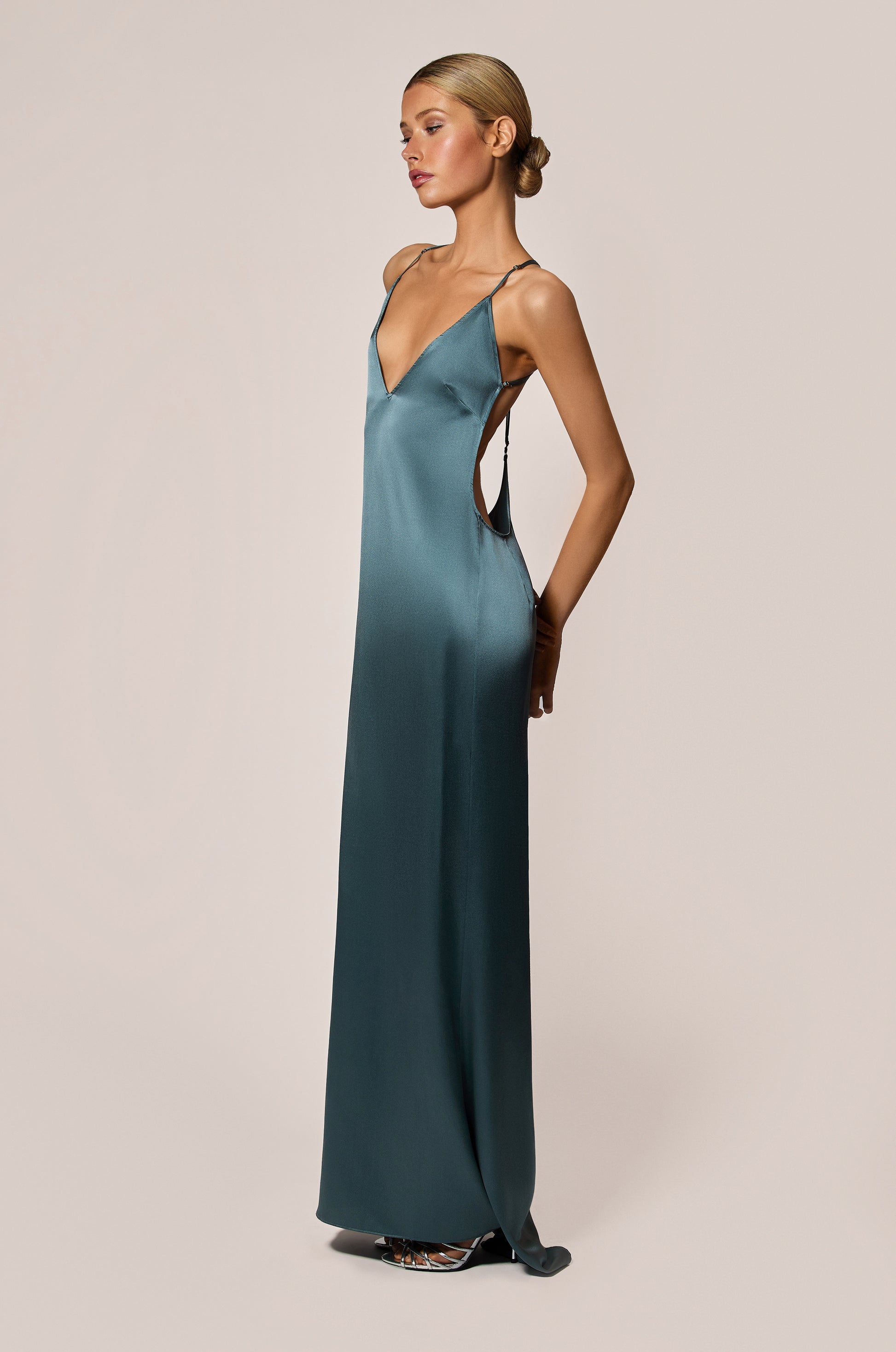 Tempete Storm Blue Gray Satin T-Back Evening Dress Gown Side